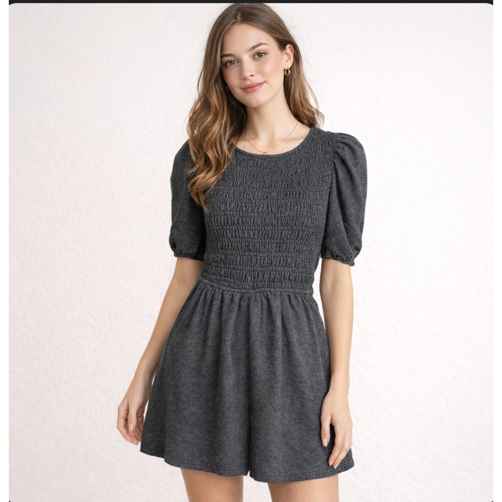 Baltic Born Beaumont Smocked Romper Small Gray Puff Sleeve Short Peasant